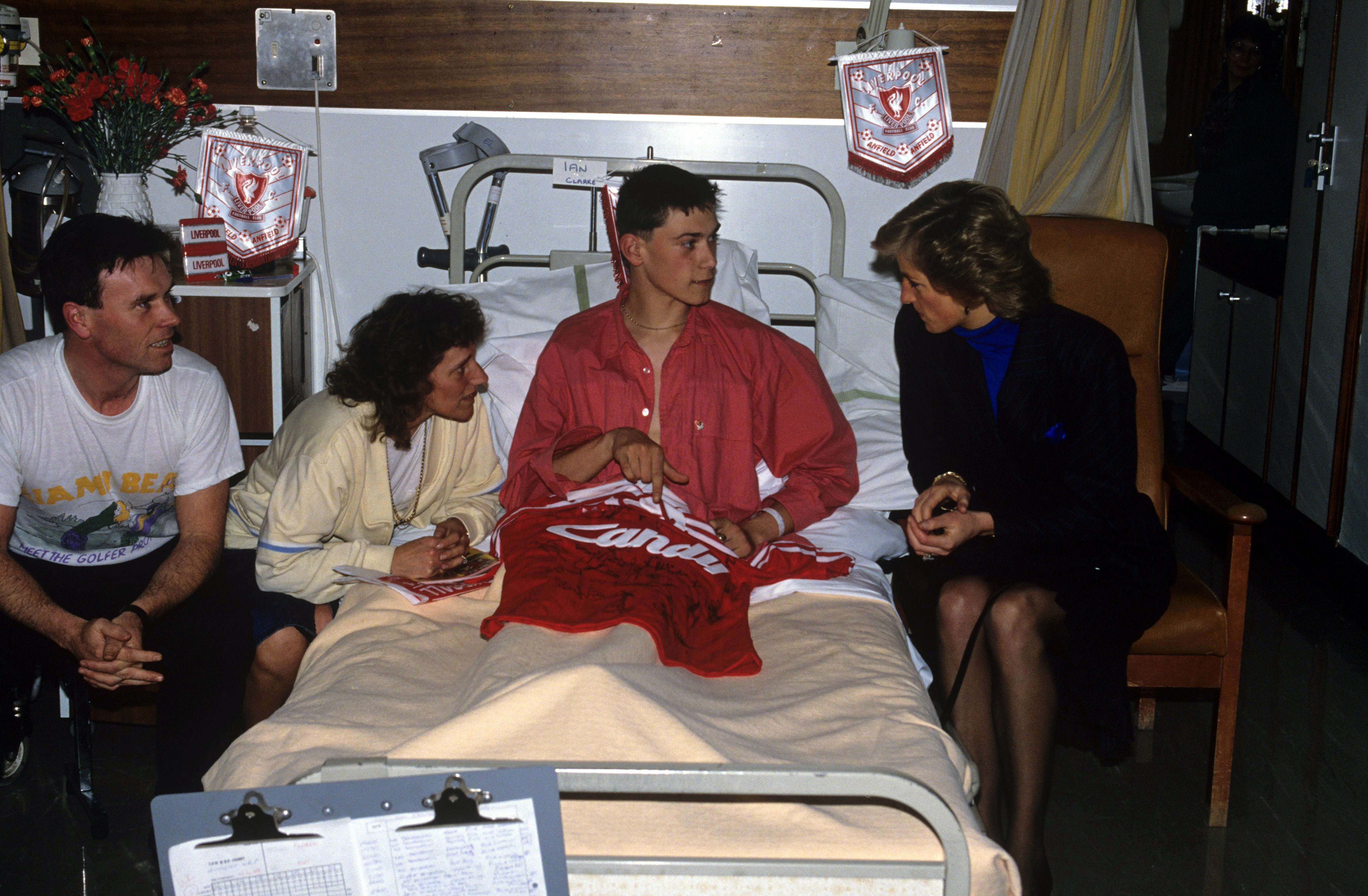 Diana pictured with Ian Clarke, a patient in hospital who had survived the Hillsborough football crowd disaster, Hallamshire Hospital, Sheffield, April 1989.