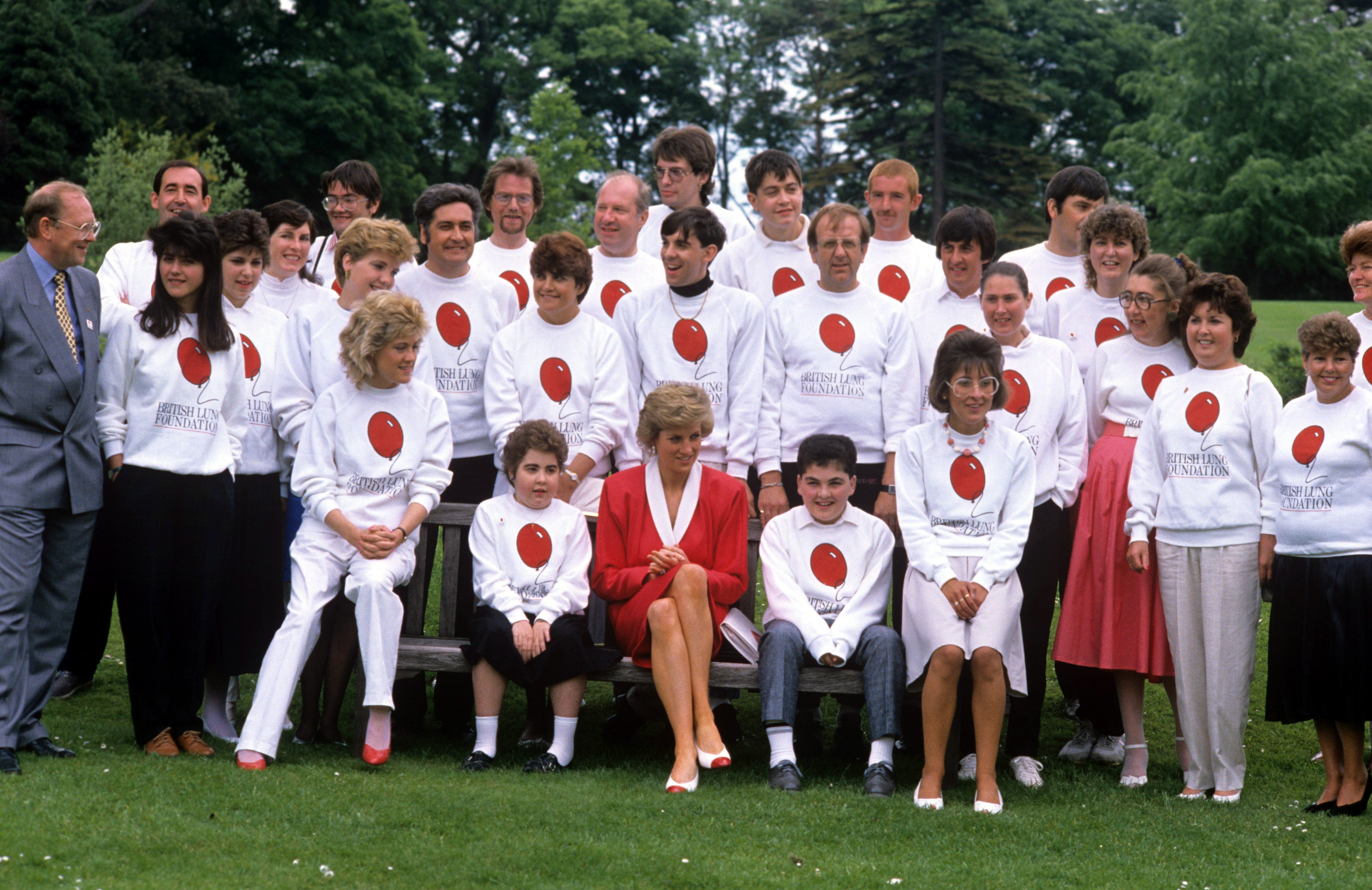 Princess Diana with patients wearing British Heart Foundation tops at Papworth Heart Hospital in June 1988.