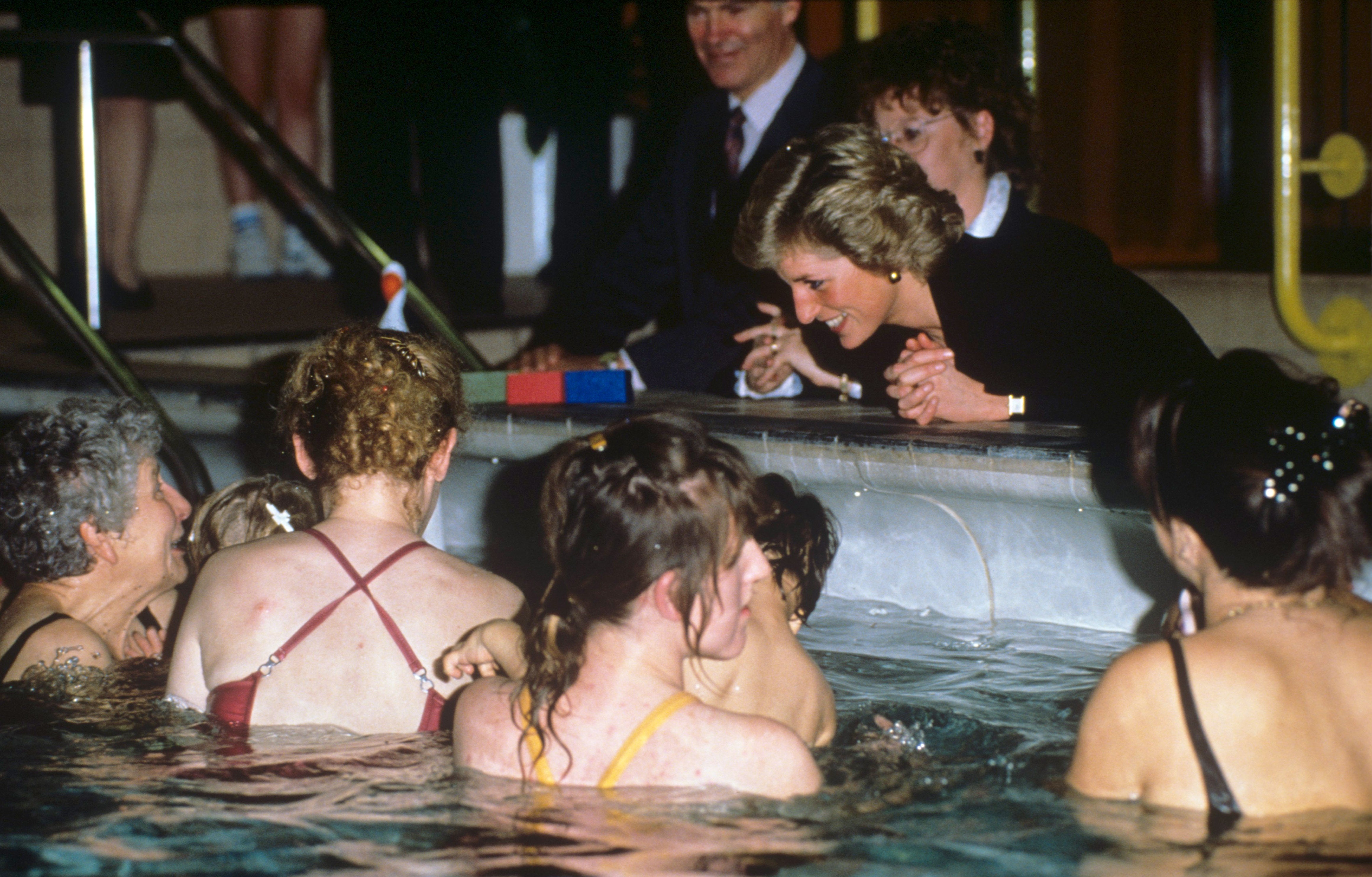 Diana presenting the British Telecom Swimming Development Badge Scheme at Queen Mother Sports Centre in London, 1989.