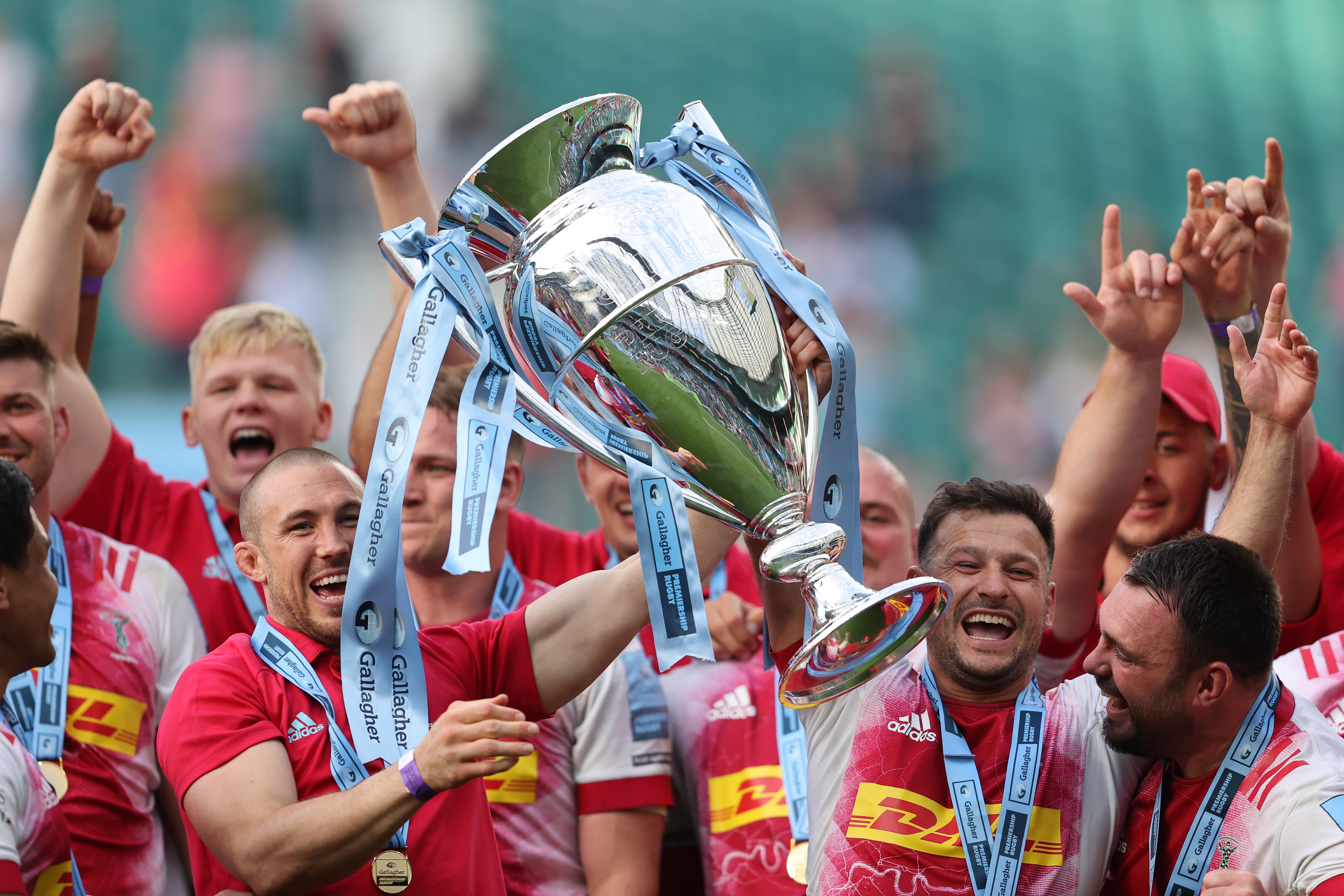 Harlequins celebrate with the Premiership trophy