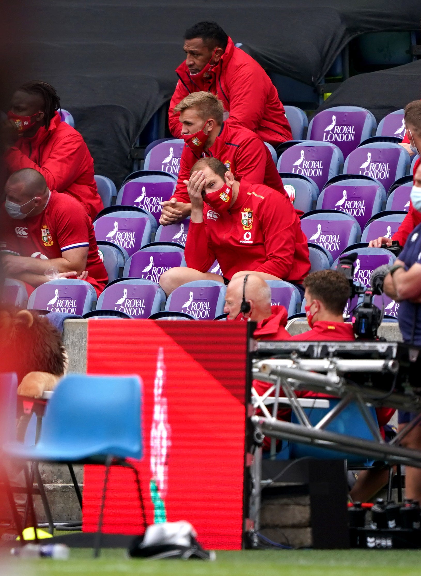 British and Irish Lions captain Alun Wyn Jones sits on the bench after suffering a dislocated shoulder against Japan