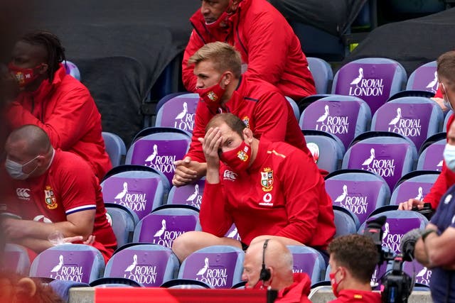British and Irish Lions captain Alun Wyn Jones sits on the bench after suffering a dislocated shoulder against Japan