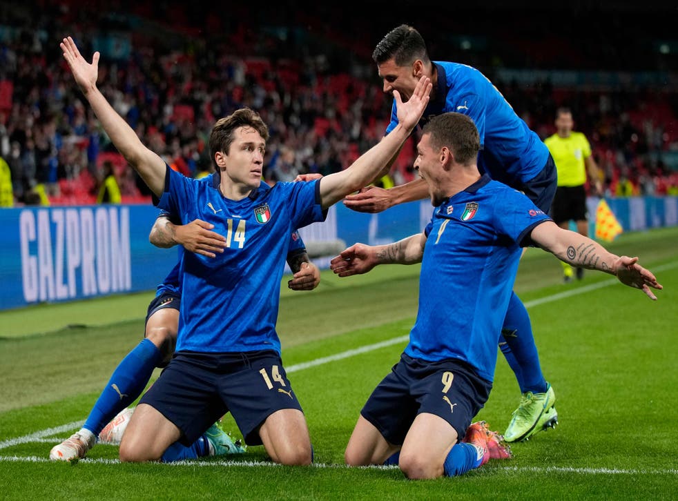 <p>Federico Chiesa celebrates scoring Italy’s winner</p>