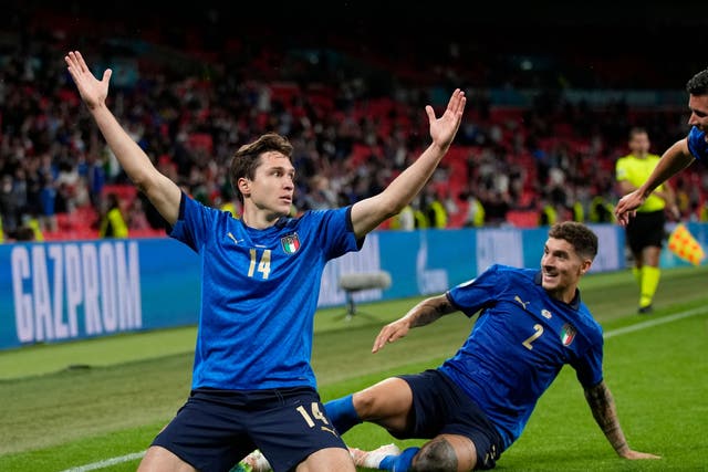 <p>Federico Chiesa celebrates his goal against Austria</p>