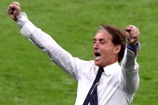 <p>Italy manager Roberto Mancini celebrates reaching the quarter-finals of Euro 2020</p>