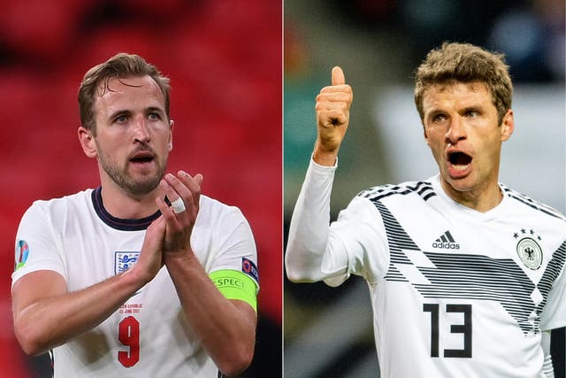 <p>We meet again: England’s Harry Kane and Germany’s Thomas Muller</p>