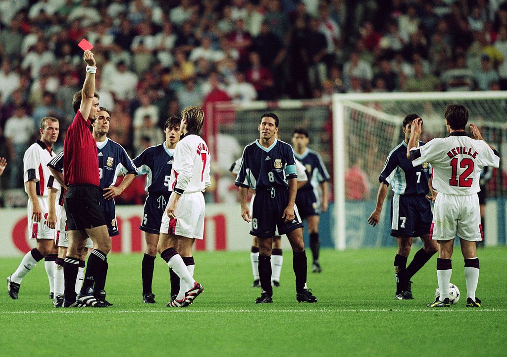 David Beckham is dimissed against Argentina at France 98