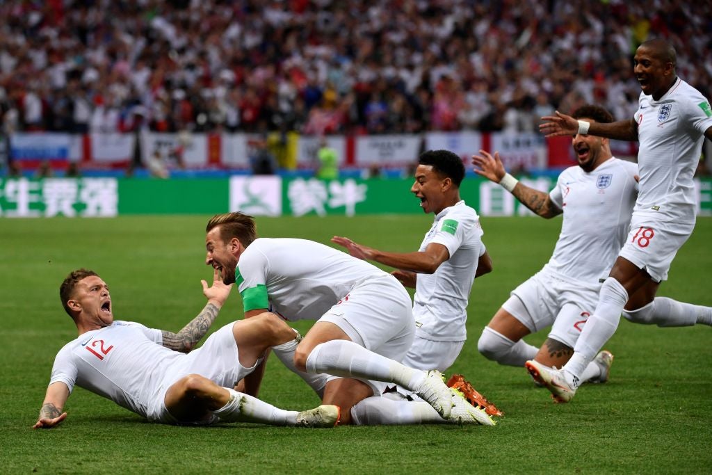 England’s players celebrate with Kieran Tripper after his glorious early freekick against Croatia