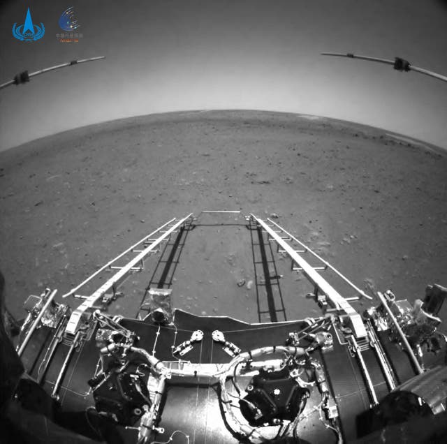 <p>Picture released on 19 May, 2021, by CNSA via CNS shows an image taken by the front obstacle avoidance camera of China’s Zhurong rover</p>