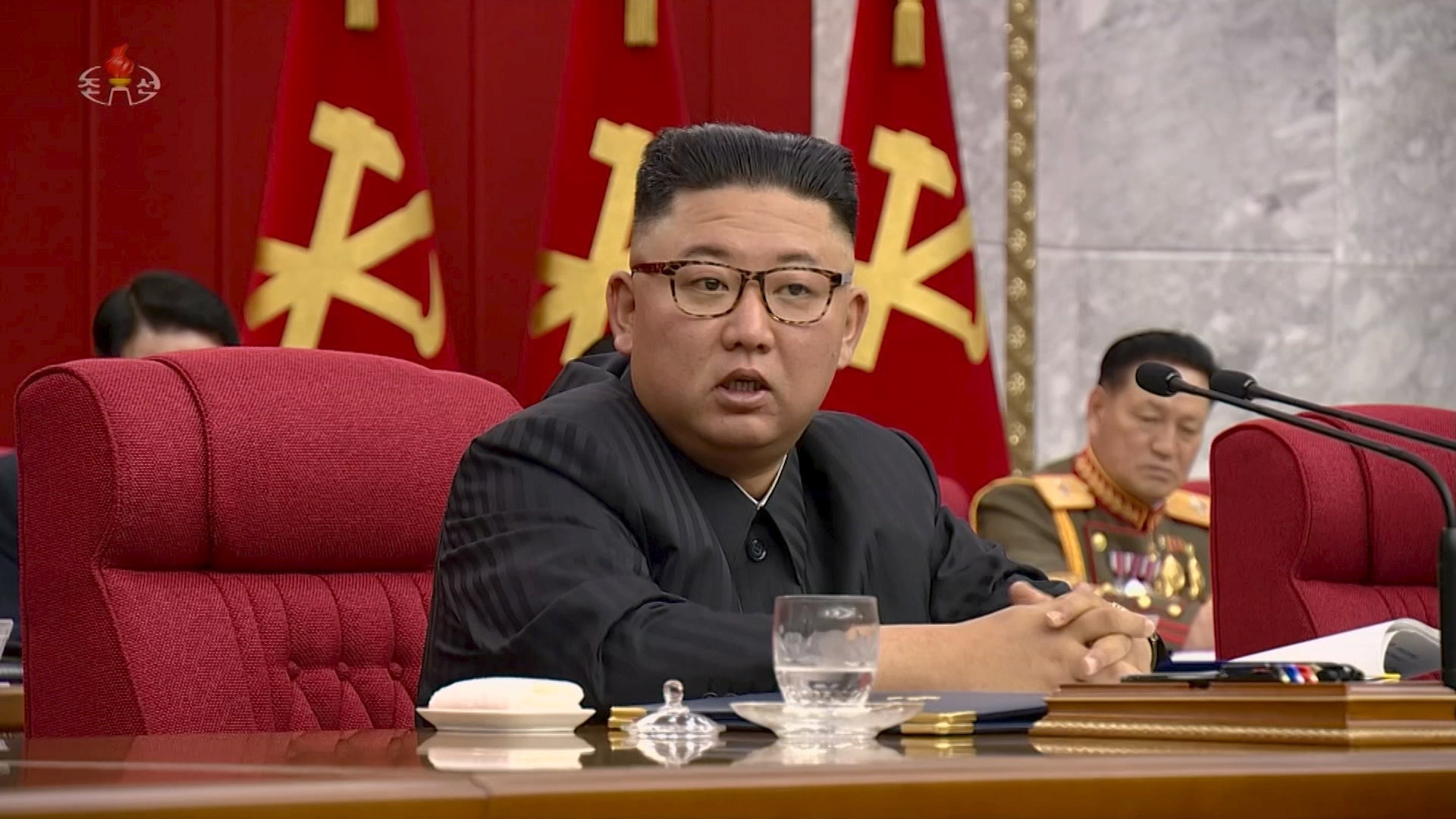 <p>North Korean leader Kim Jong-un speaks at a meeting of the Workers’ Party of Korea earlier this month</p>