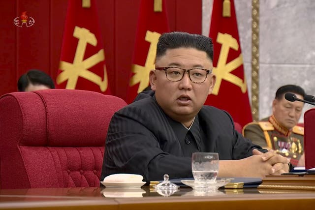 <p>North Korean leader Kim Jong-un speaks at a meeting of the Workers’ Party of Korea earlier this month</p>