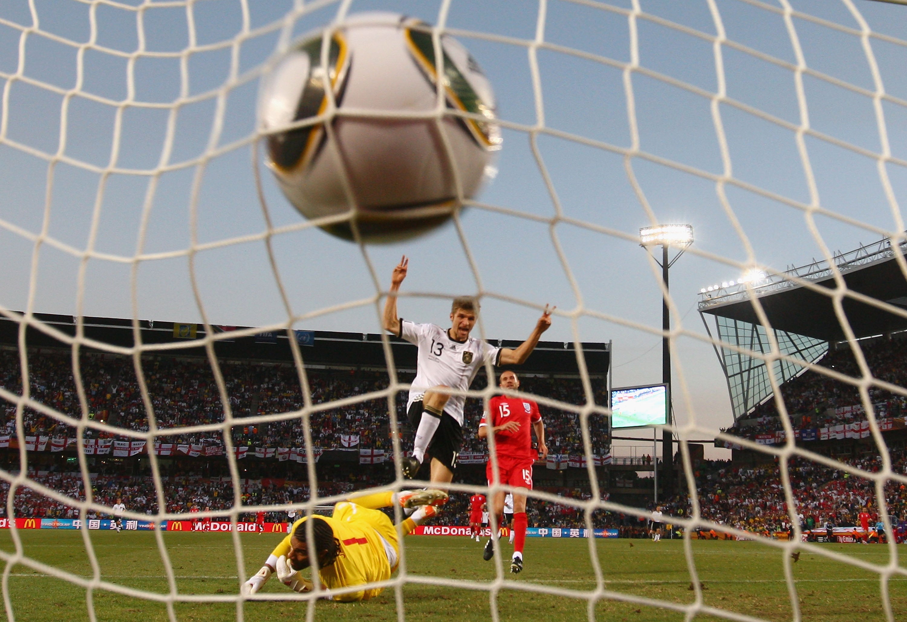 Germany led 2-0, then England pulled a goal back. Frank Lampard then lashed in a ferocious shot off the underside of the bar. The ball bounced over the line but there was no goal-line technology back then