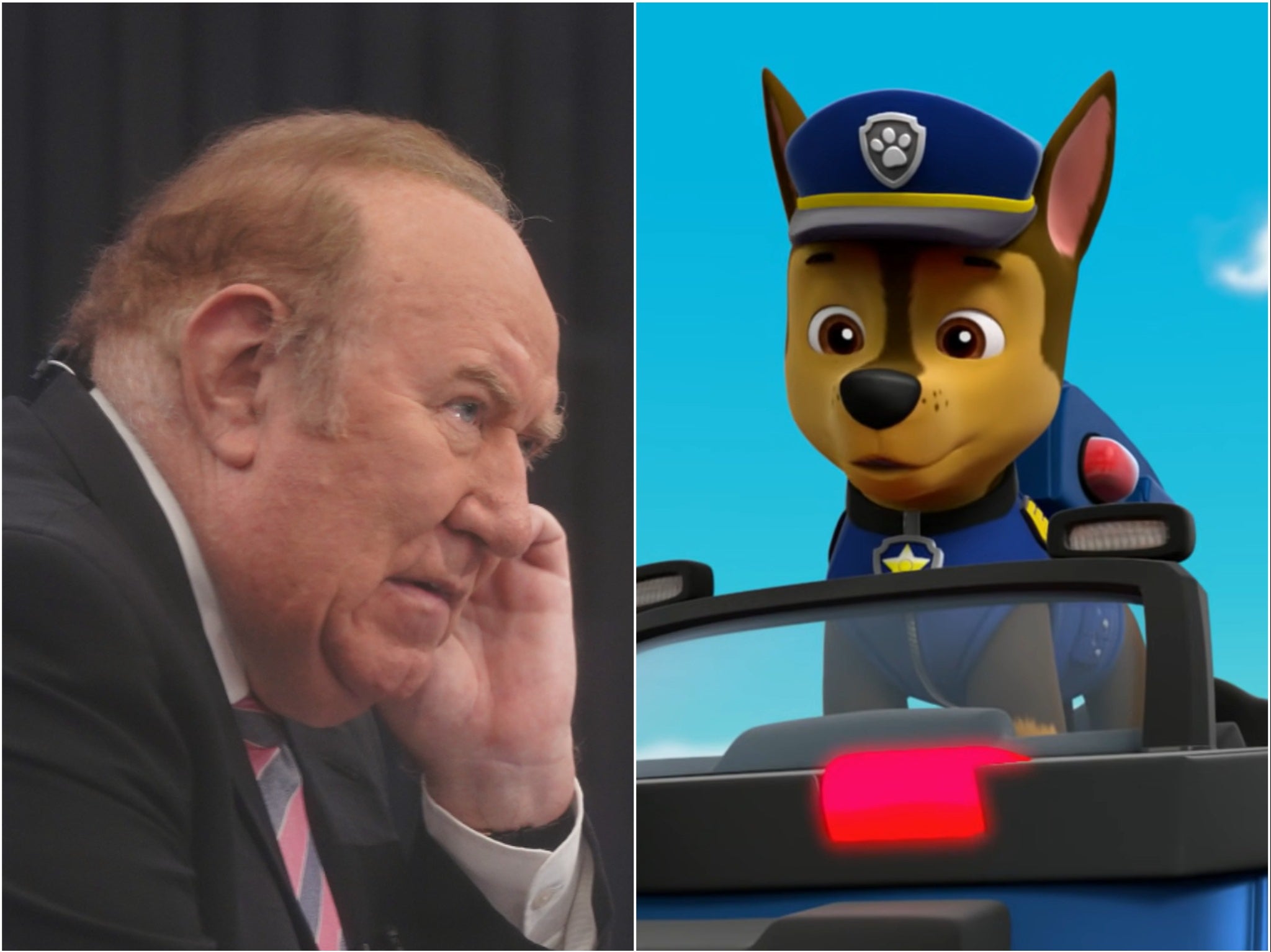 <p>Andrew Neil preparing for a GB News launch event and a still from ‘Paw Patrol'</p>