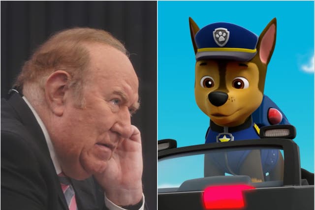 <p>Andrew Neil preparing for a GB News launch event and a still from ‘Paw Patrol'</p>
