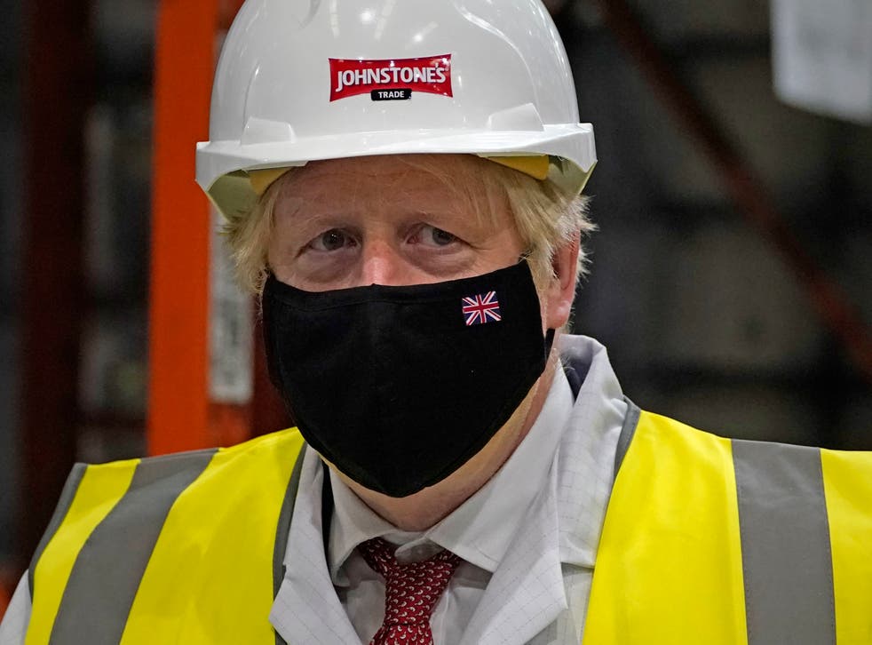 <p>Boris Johnson during a visit to Johnstone’s Paints Limited in Batley, West Yorkshire, ahead of the Batley and Spen by-election</p>