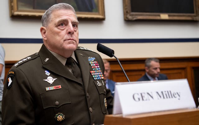 <p>General Mark Milley, Chairman of the Joint Chiefs of Staff, testifies on the department's fiscal year 2022 budget request during a House Armed Services Committee hearing on Capitol Hill in Washington, DC, on June 23, 2021</p>