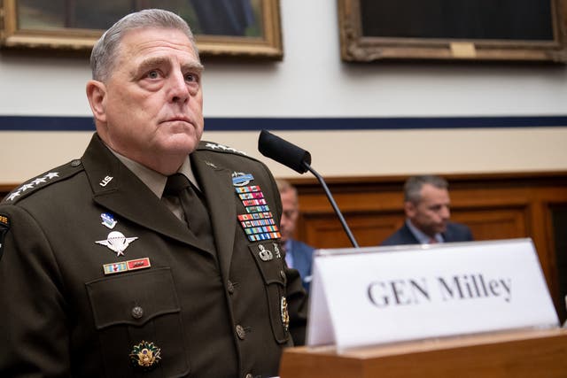 <p>General Mark Milley, Chairman of the Joint Chiefs of Staff, testifies on the department's fiscal year 2022 budget request during a House Armed Services Committee hearing on Capitol Hill in Washington, DC, on June 23, 2021</p>