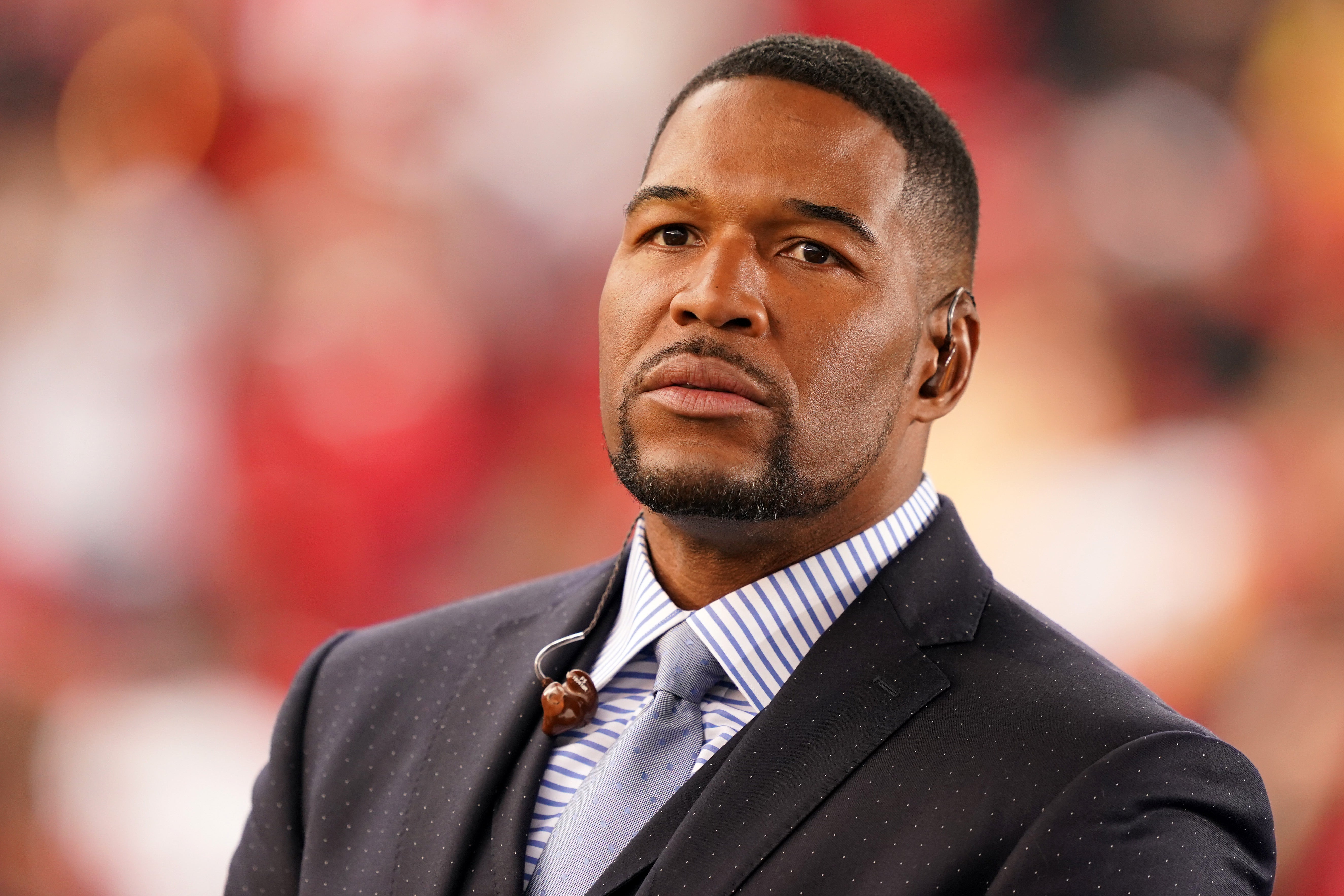 TV personality Michael Strahan looks on prior to the NFC Championship game between the San Francisco 49ers and the Green Bay Packers at Levi's Stadium on January 19, 2020 in Santa Clara, California.
