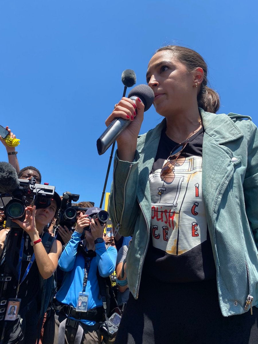 <p>Congresswoman Alexandria Ocasio-Cortez speaks at Monday’s rally hosted by the Sunrise Movement.</p>