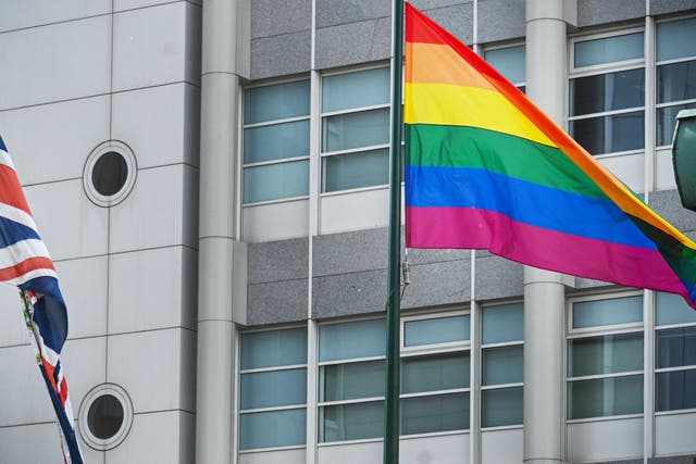 <p>File image: British embassies around the world have displayed rainbow flags this month to mark Pride</p>