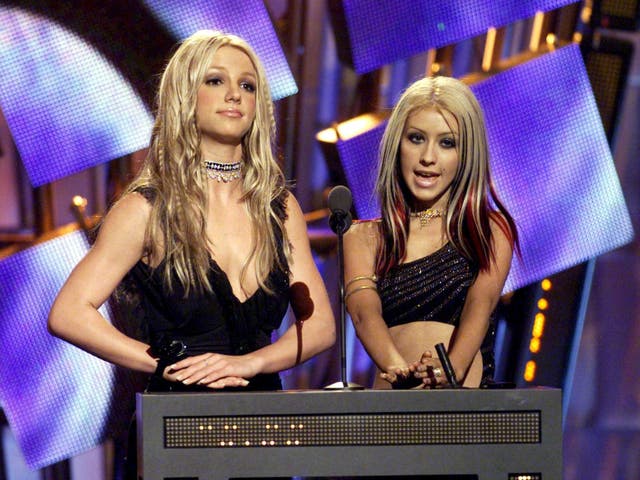 <p>Spears and Aguilera in 2000</p>