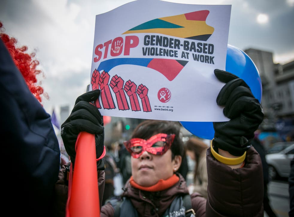 <p>Woman demonstrates against gender inequality and sexual harassment at work in capital of Seoul </p>