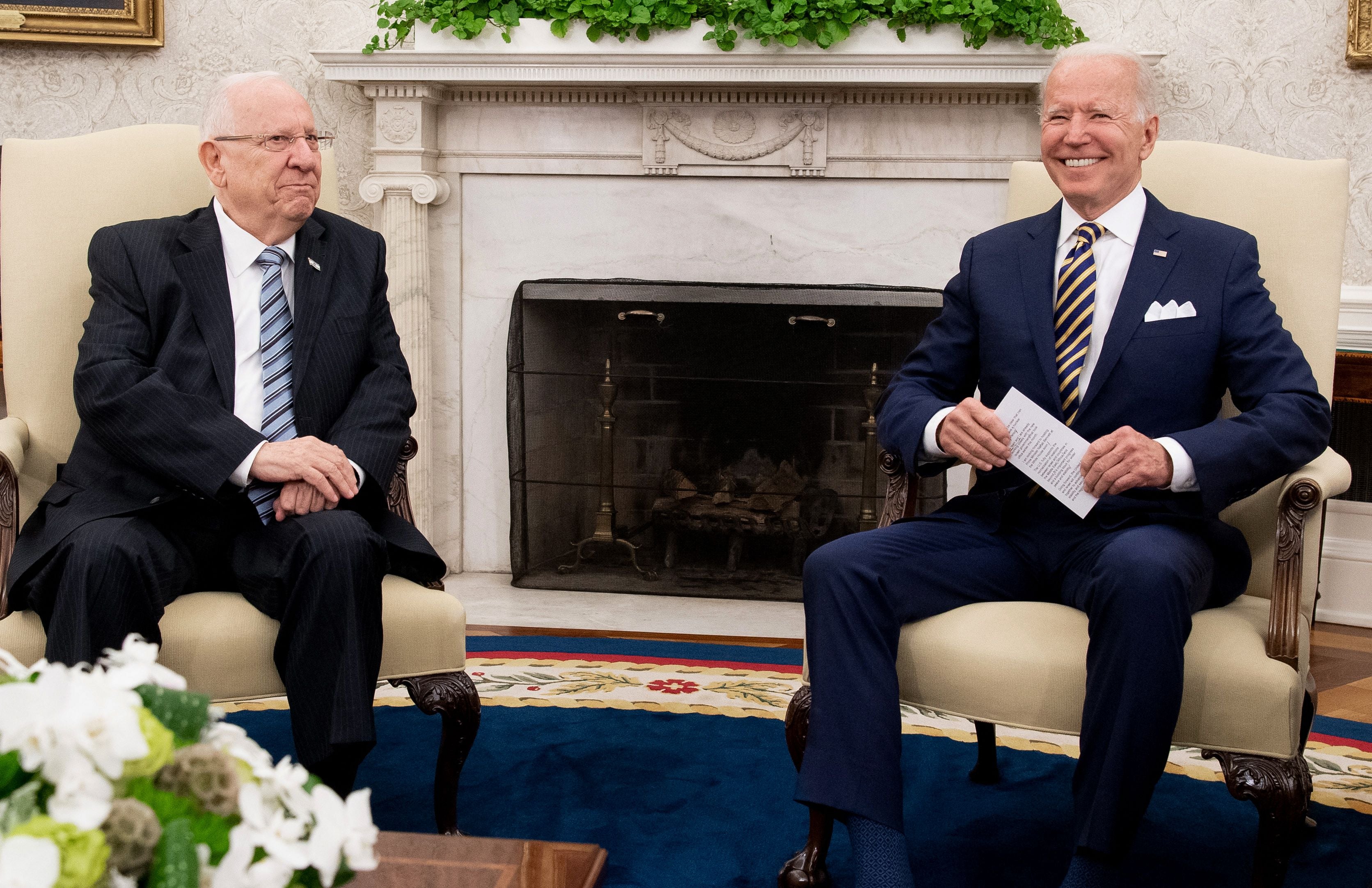 US President Joe Biden meets Israeli President Reuven Rivlin, left, in the Oval Office of the White House on Monday