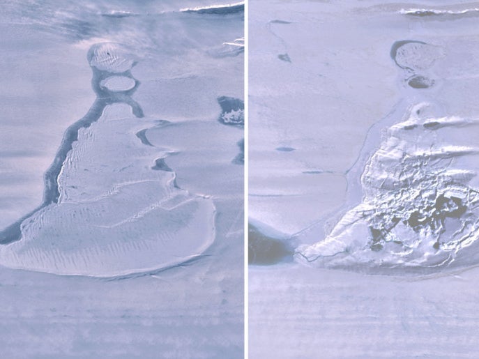 <p>Before and after images of the lake (L) and subsequent ice-strewn crater (R) captured a few days apart by NASA’s ICESat-2 </p>