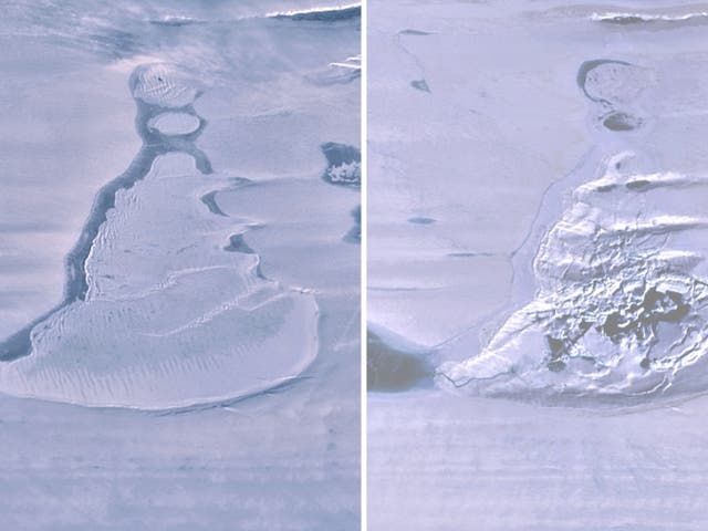 <p>Imágenes de antes y después del lago (L) y el subsiguiente cráter cubierto de hielo (R) capturadas con unos días de diferencia por ICESat-2 de la NASA</p>