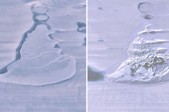 <p>Imágenes de antes y después del lago (L) y el subsiguiente cráter cubierto de hielo (R) capturadas con unos días de diferencia por ICESat-2 de la NASA</p>