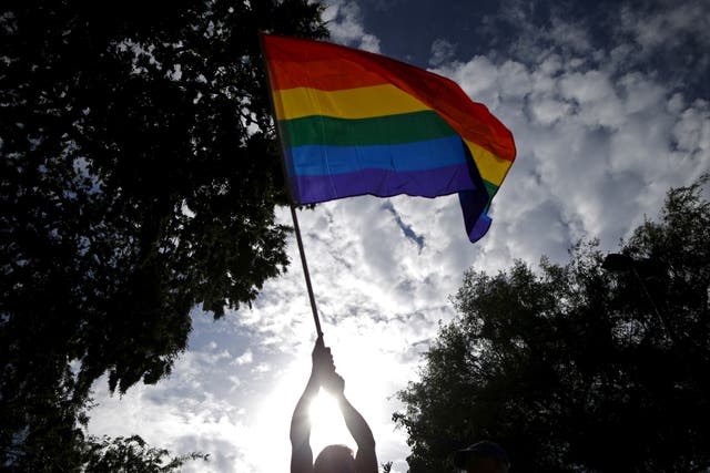 <p>Un hombre agita una bandera del arco iris de igualdad LGBT + en un mitin de celebración en West Hollywood, California, Estados Unidos, 26 de junio de 2015</p>