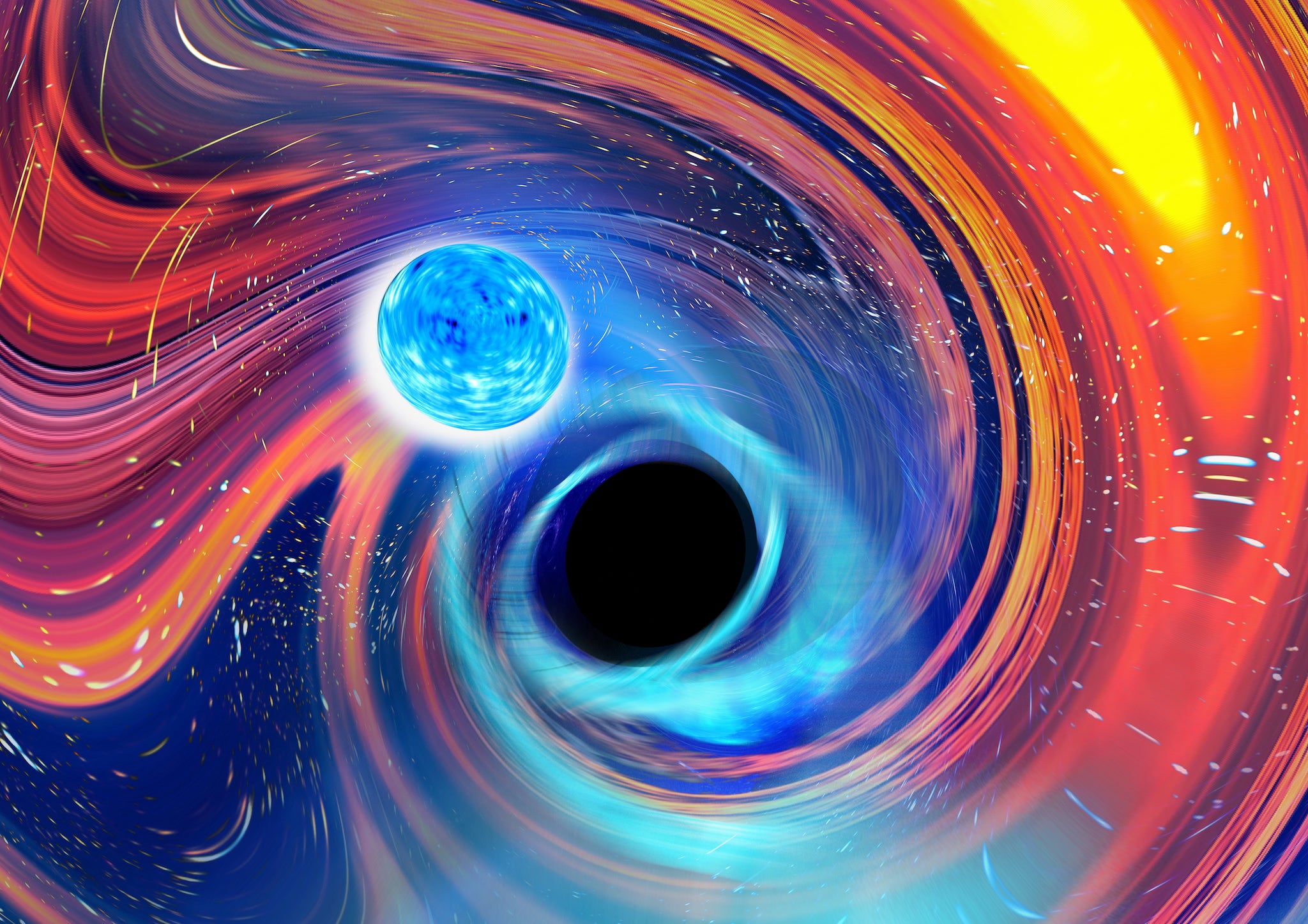 Rainbow Swirl is an artistic image inspired by a Black Hole Neutron Star merger event