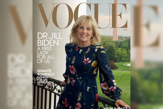 <p>First Lady Jill Biden graced the cover of Vogue wearing a navy Oscar de la Renta dress after Melania Trump was not invited to do so during her husband’s presidency</p>