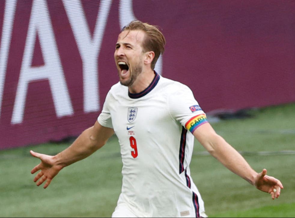 <p>Harry Kane celebrates scoring against Germany</p>