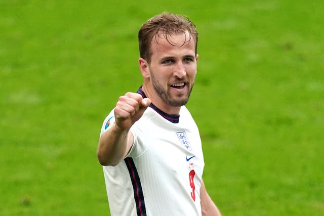 <p>Harry Kane celebrates after heading home England's second goal against Germany</p>