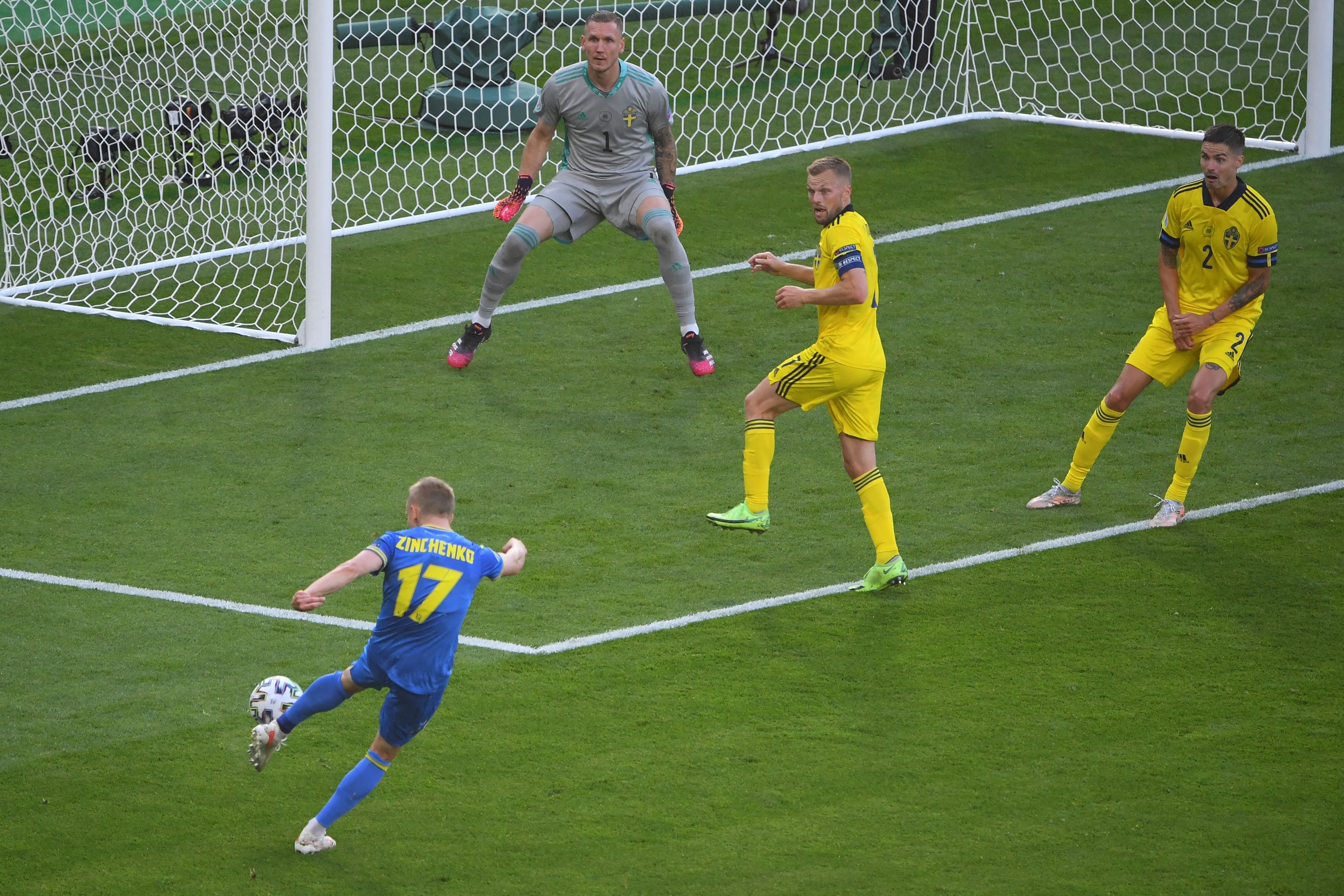Oleksandr Zinchenko smashed in Ukraine’s opening goal in the first half