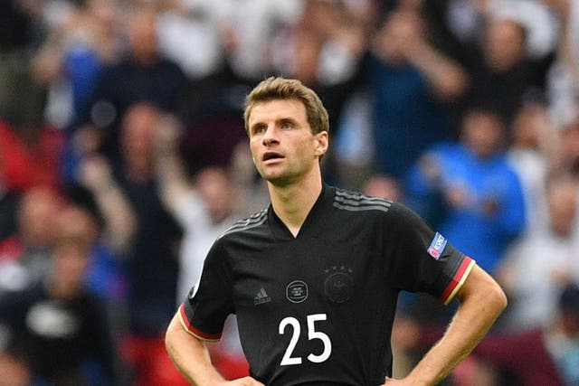 <p>Thomas Muller reacts after defeat to England at Wembley</p>