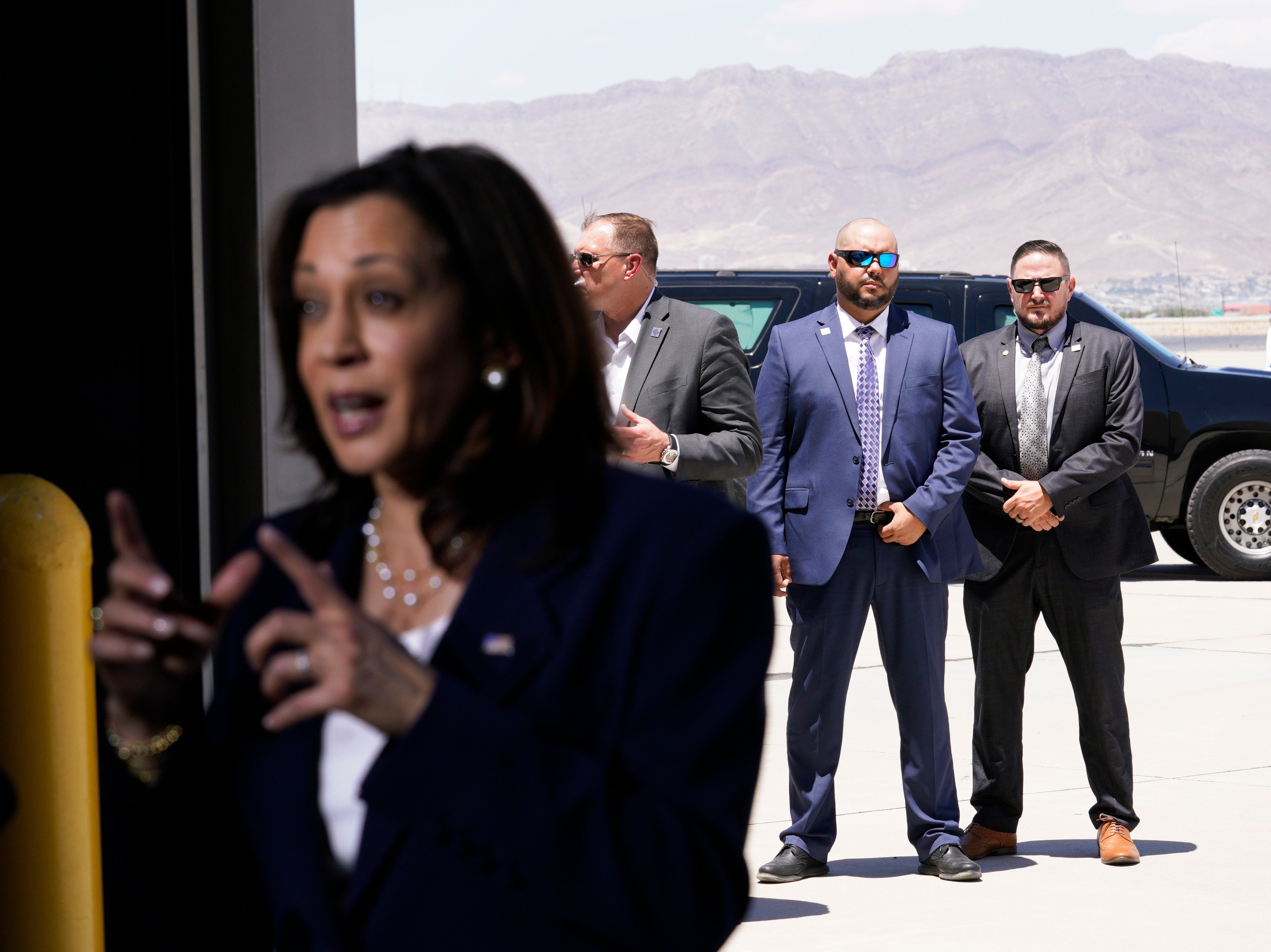 Vice President Kamala Harris speaks to the media in El Paso, Texas, after visiting the border on 25 June 2021