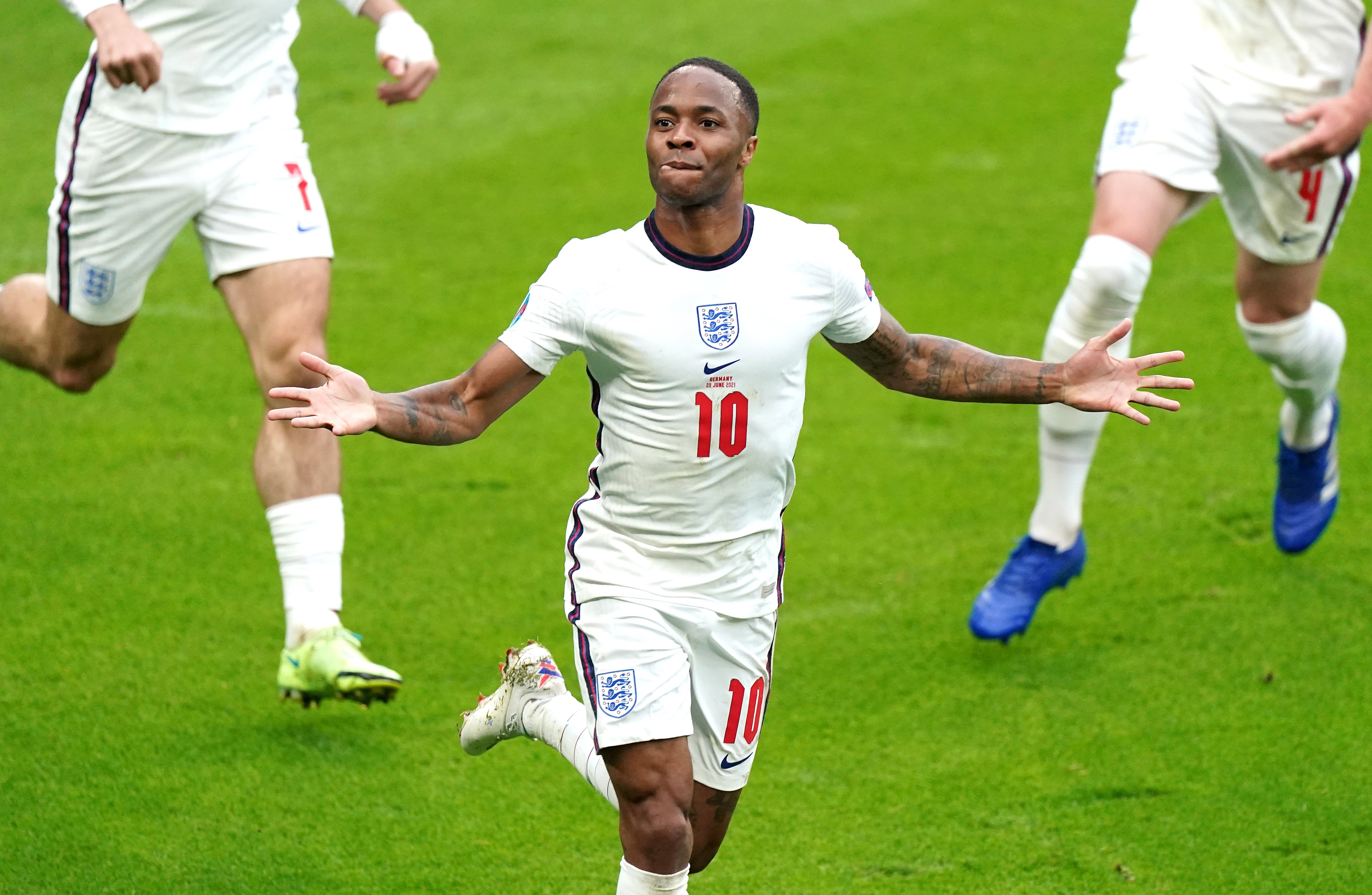 Raheem Sterling celebrates after scoring England’s opening goal against Germany in the Euro 2020 clash.