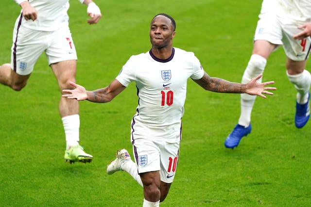<p>Raheem Sterling celebrates after scoring England’s opening goal against Germany in the Euro 2020 clash. </p>