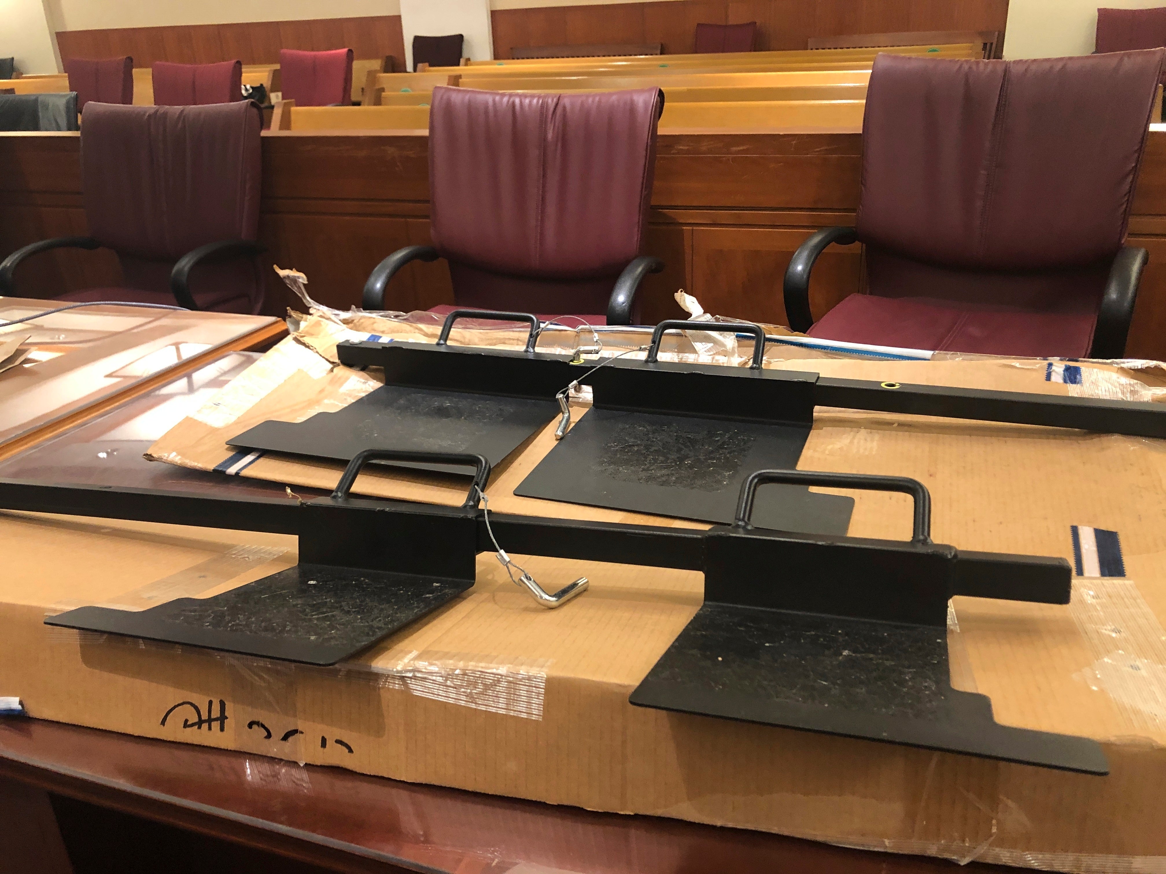 Two devices used as door barricades recovered at the site of the Capital Gazette newspaper during a mass shooting in 2018 are shown in a courtroom Tuesday, June 29, 2021 in Annapolis, Md.