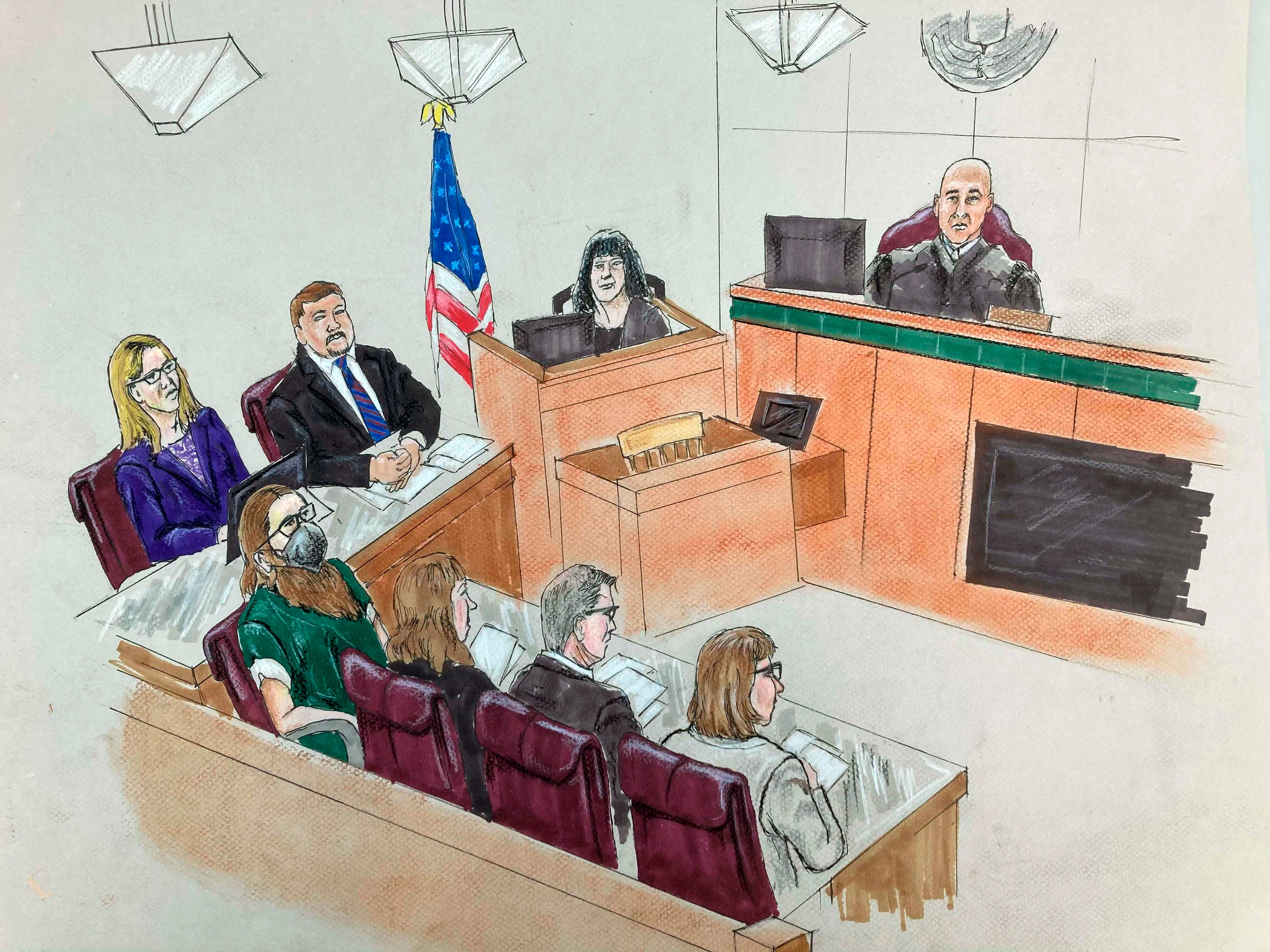 In this courtroom sketch, defendant Jarrod Ramos appears in court on Tuesday, June 29, 2021, in Annapolis, Md.