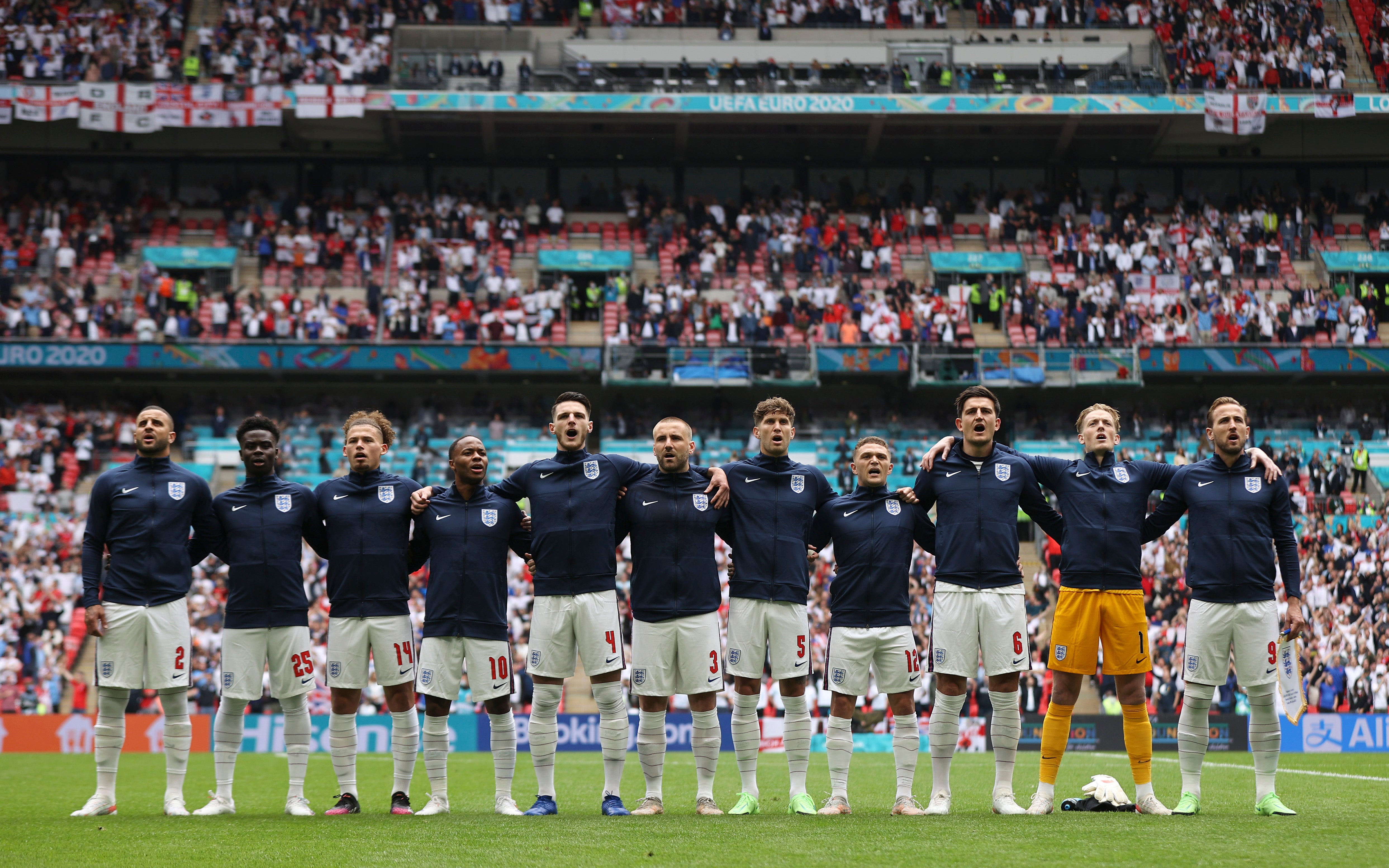 Three Lions sing the national anthem prior to the win over Germany