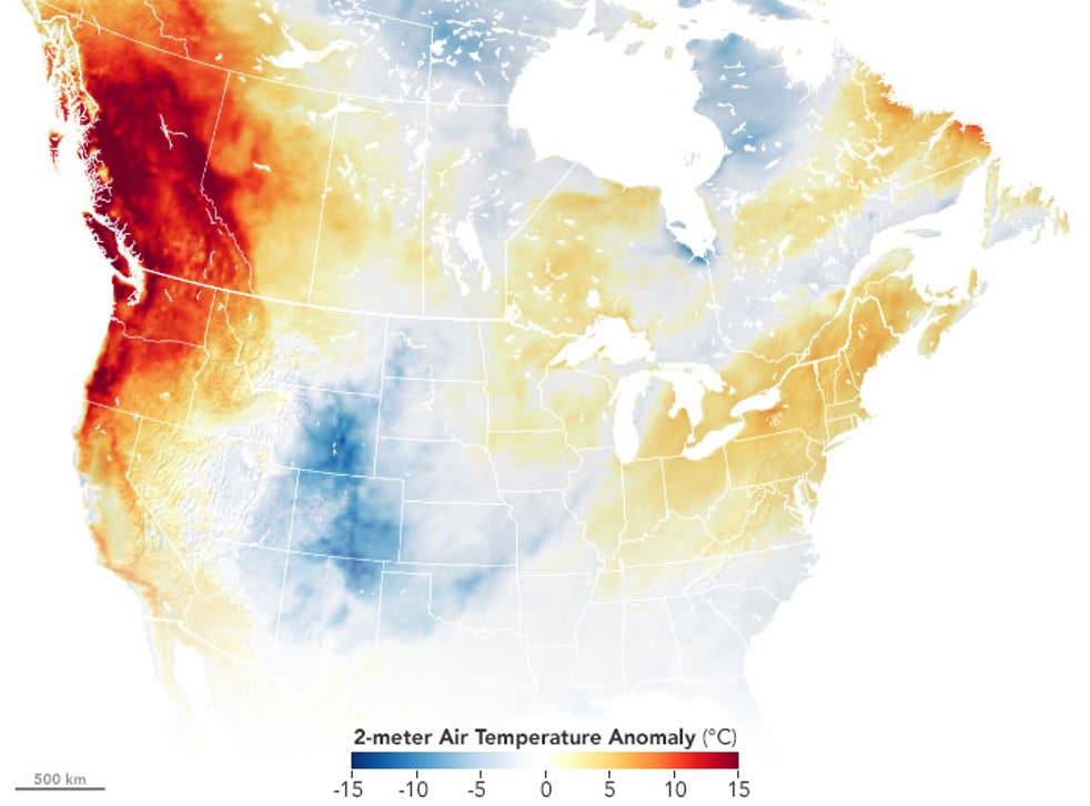 <p>Satellite imagery taken by NASA measures the air temperatures in portions of the US and Canada</p>
