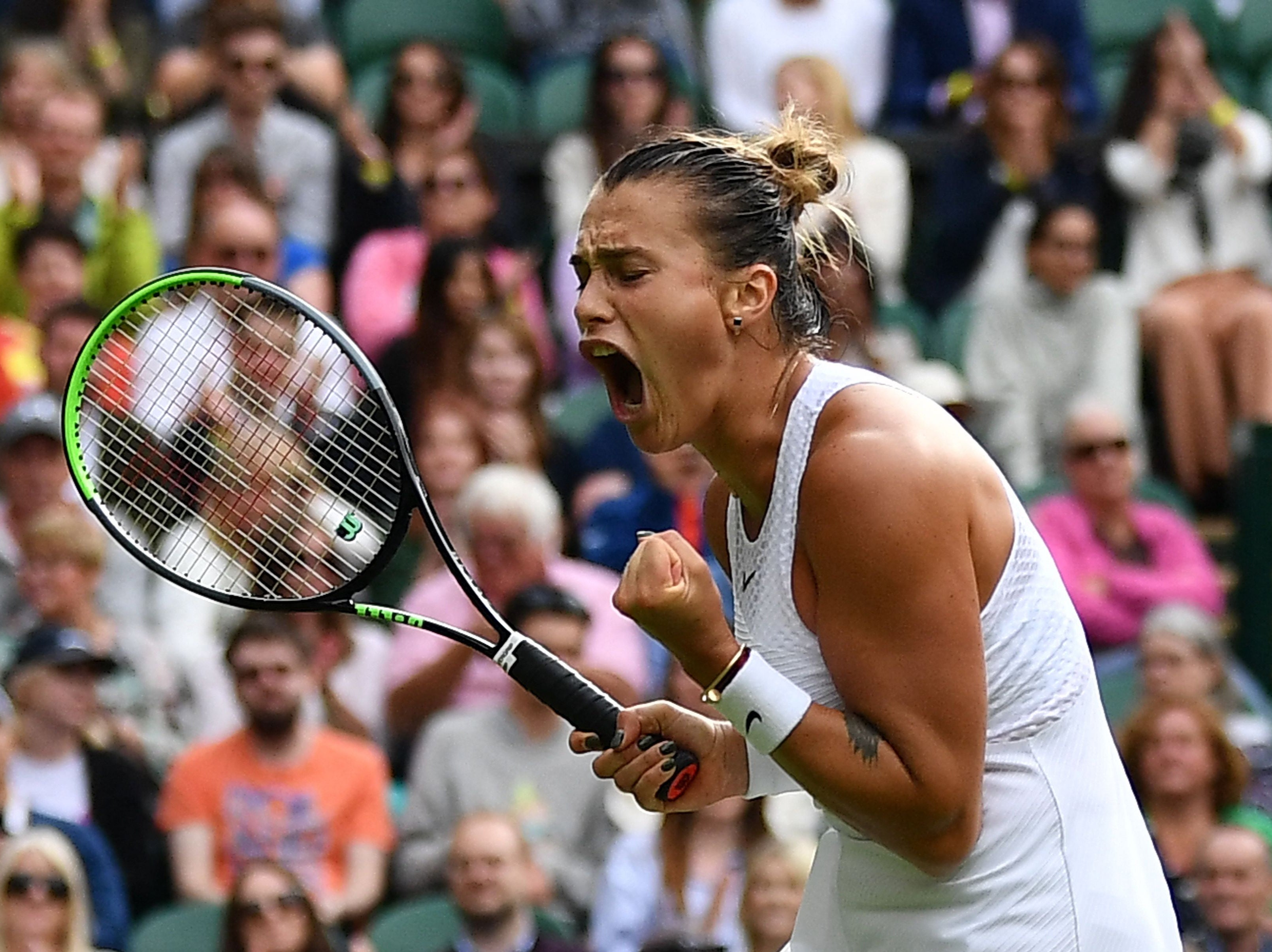 <p>Aryna Sabalenka celebrates her victory over Britain’s Katie Boulter</p>