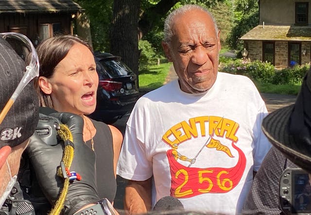 <p>Attorney Jennifer Bonjean and Bill Cosby speak outside of Bill Cosby's home on June 30, 2021 in Cheltenham, Pennsylvania.</p>