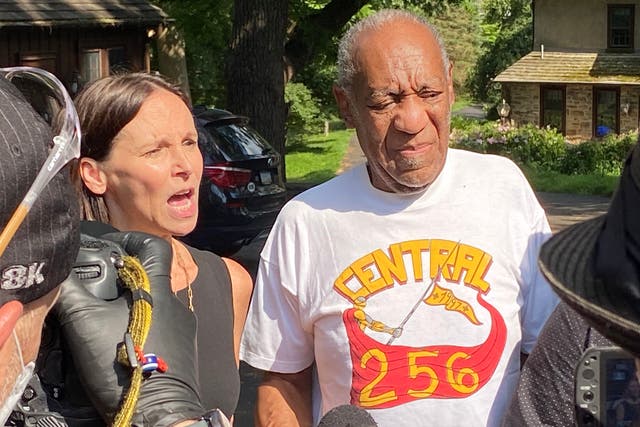 <p>Attorney Jennifer Bonjean and Bill Cosby speak outside of Bill Cosby's home on June 30, 2021 in Cheltenham, Pennsylvania.</p>