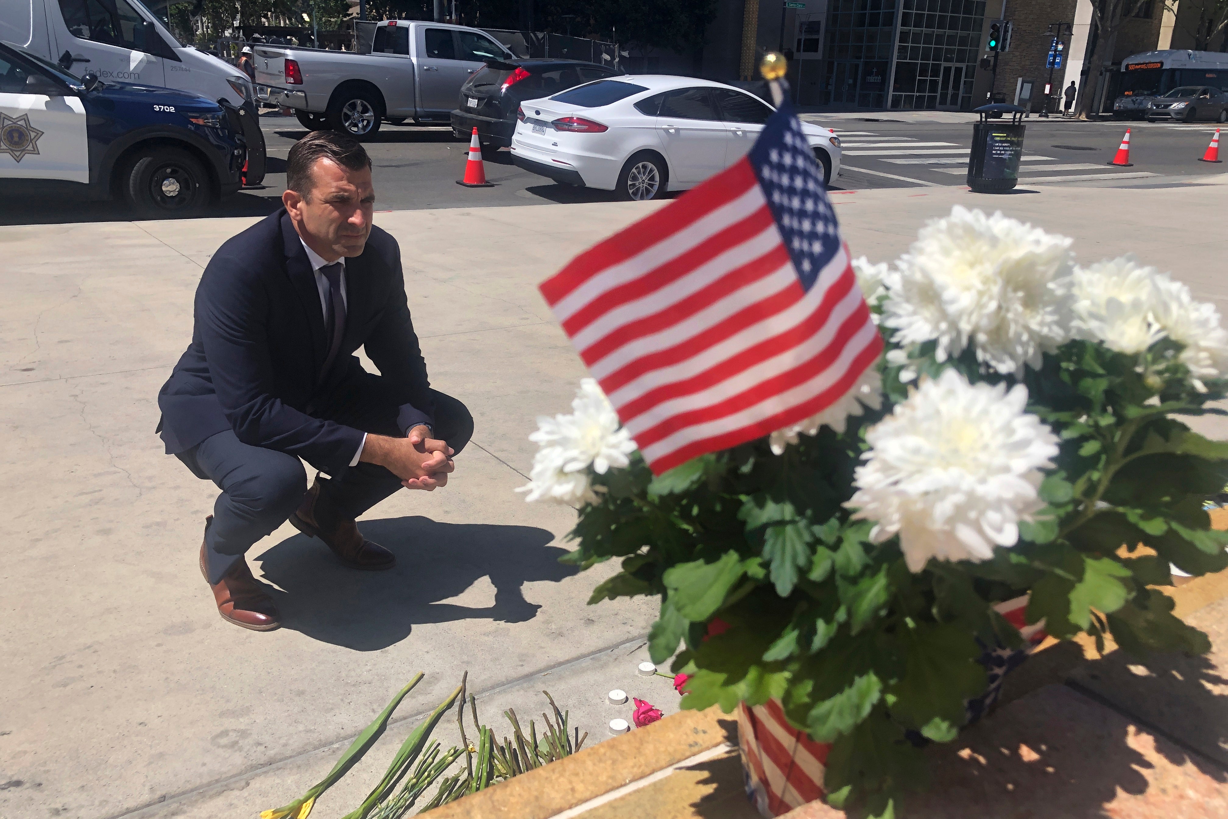 San Jose Mayor Sam Liccardo at a memorial for the victims of a mass shooting in the city in June