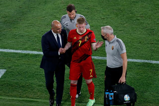 Belgium’s Kevin De Bruyne leaves the pitch injured at Euro 2020