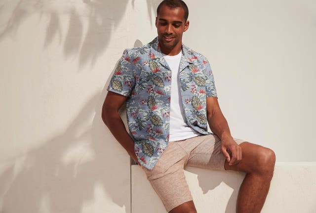 Matalan Short Sleeve Tropical Leaf Print Shirt; Slim Fit Crew Neck T-Shirt; Slim Fit Textured Shorts